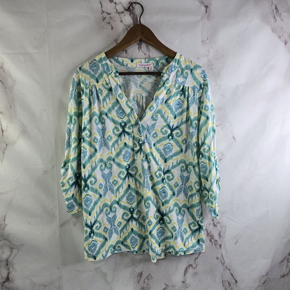 Fresh Produce T Shirt Womens Medium Green Yellow Roll Up Tee Jersey Argyle Long